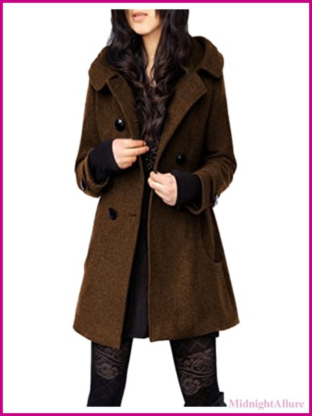 Wool Blend Hooded Peacoat Women Long Mid Coats Double Breasted Warm Winter